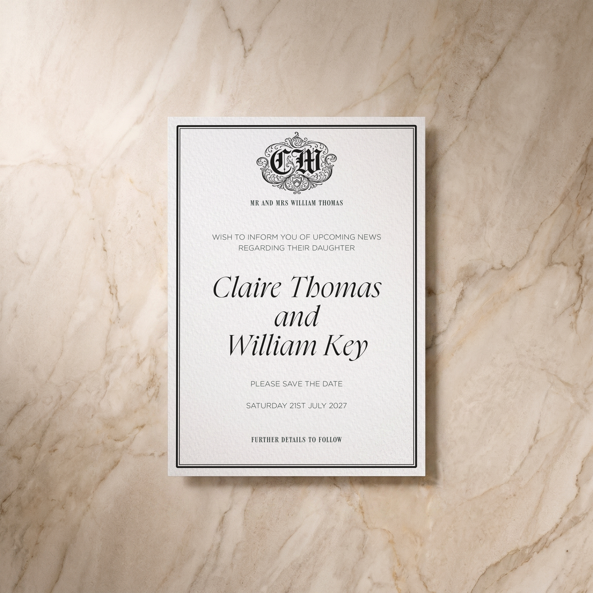 Regency wedding save the date card, front