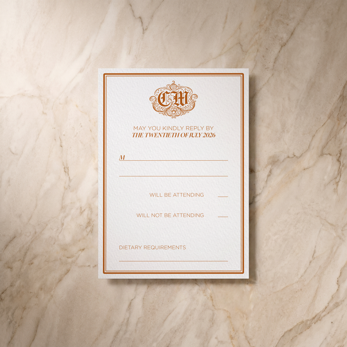 Regency wedding RSVP card, front