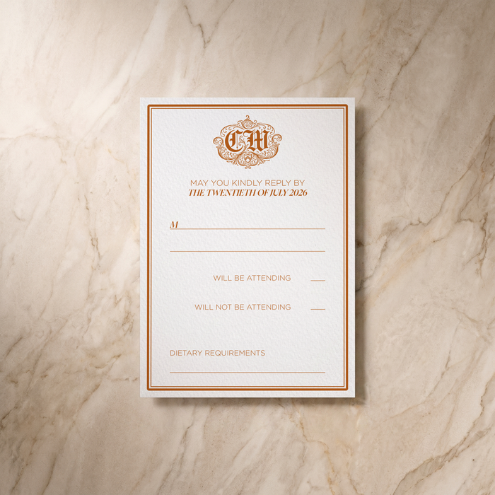 Regency wedding RSVP card, front