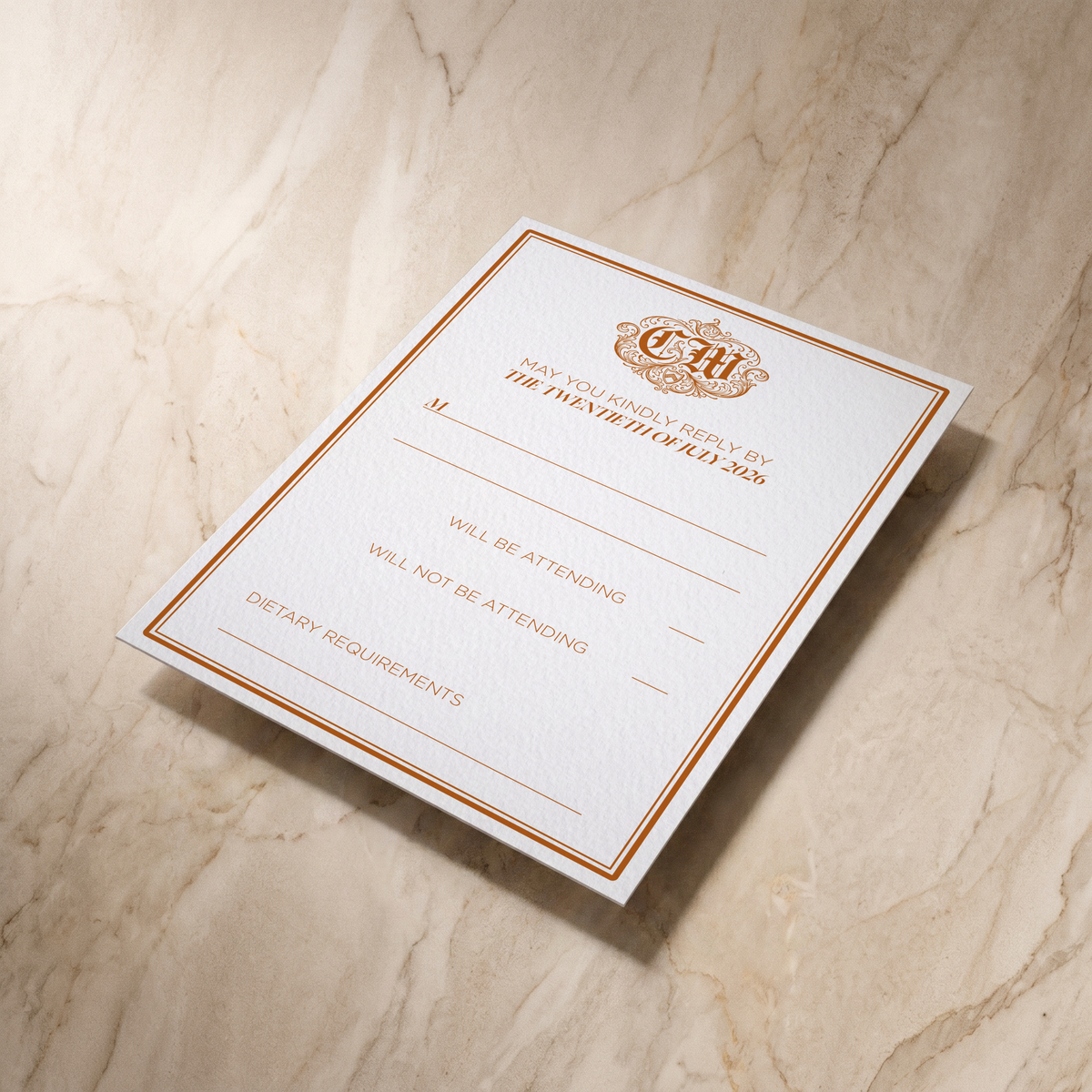 Regency wedding RSVP card, angled front view