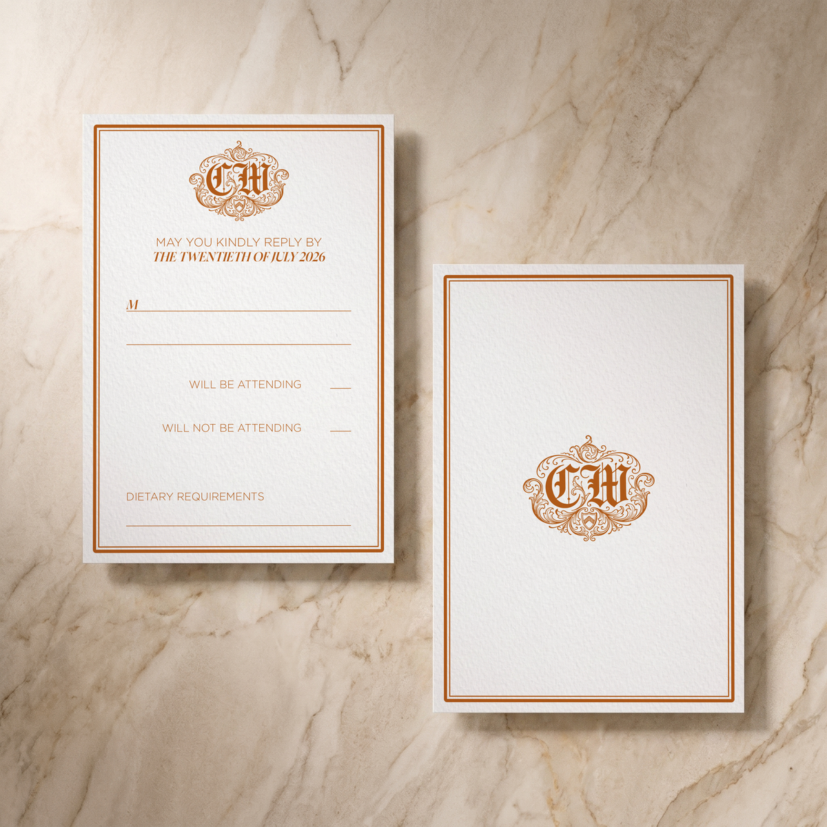 Regency wedding RSVP cards pair