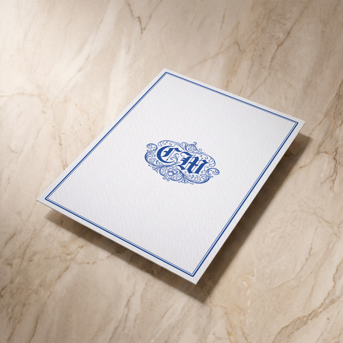 Regency wedding details card, angled reverse view