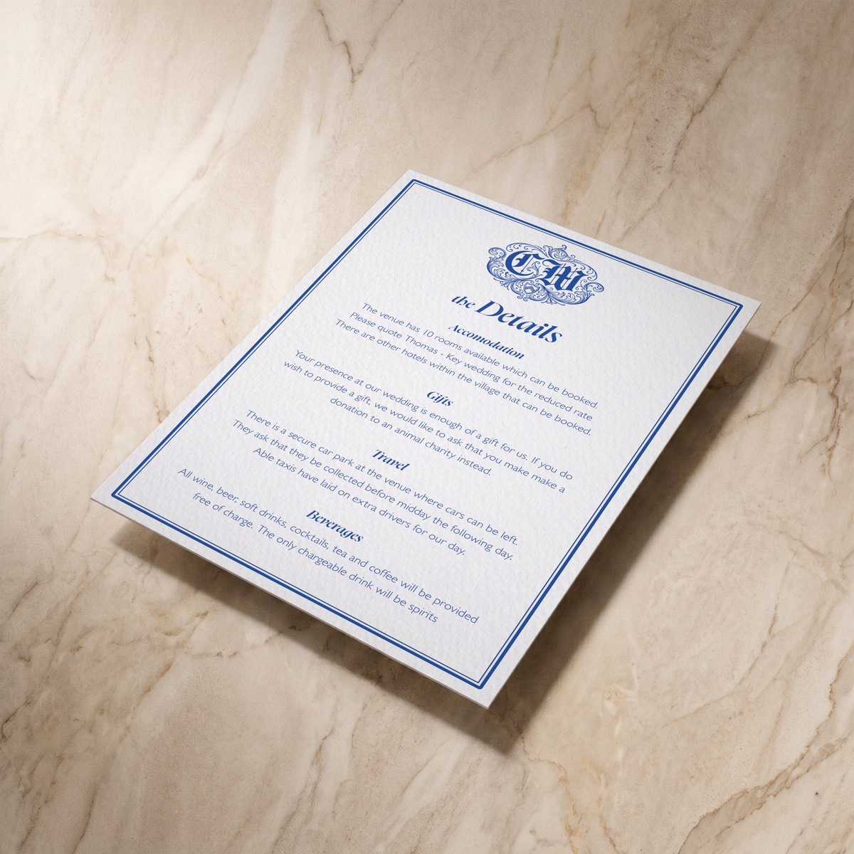 Regency wedding details card, angled front view
