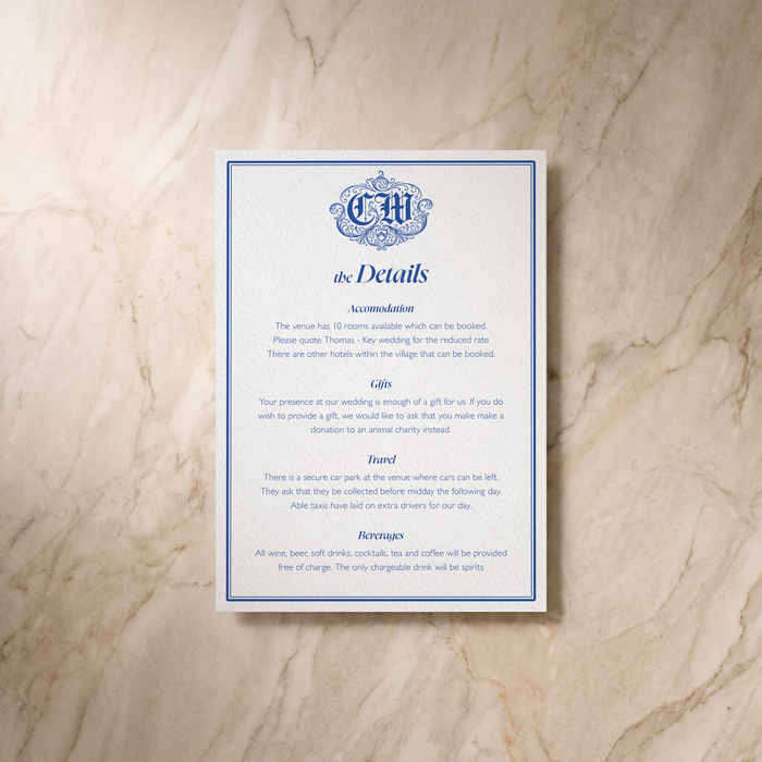 Regency wedding details card, front