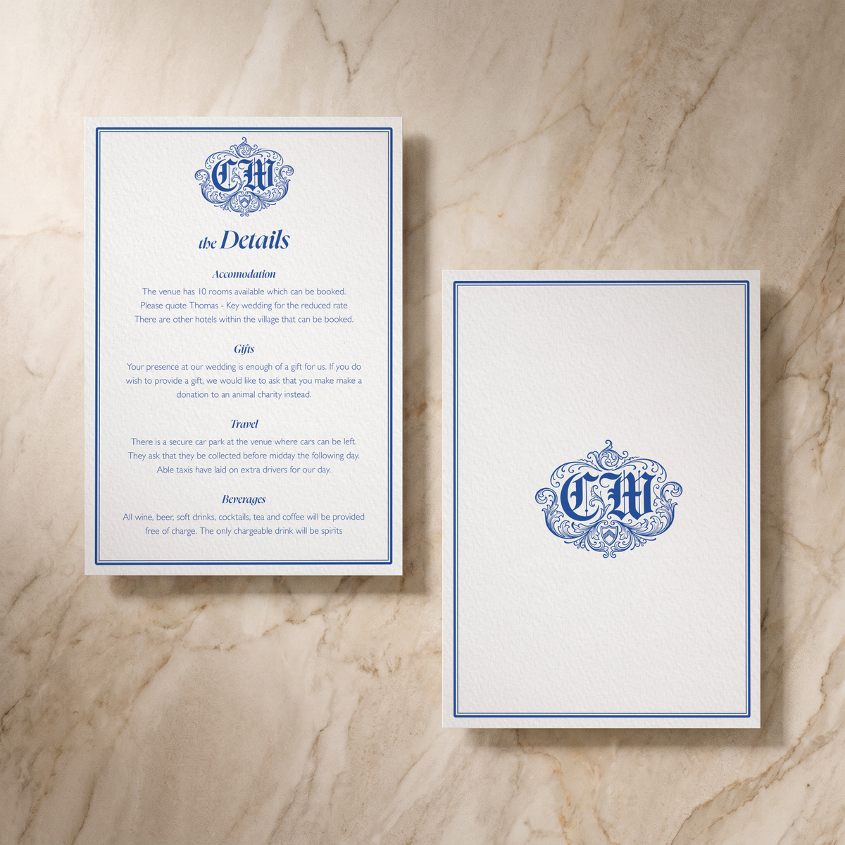 Regency wedding details cards pair
