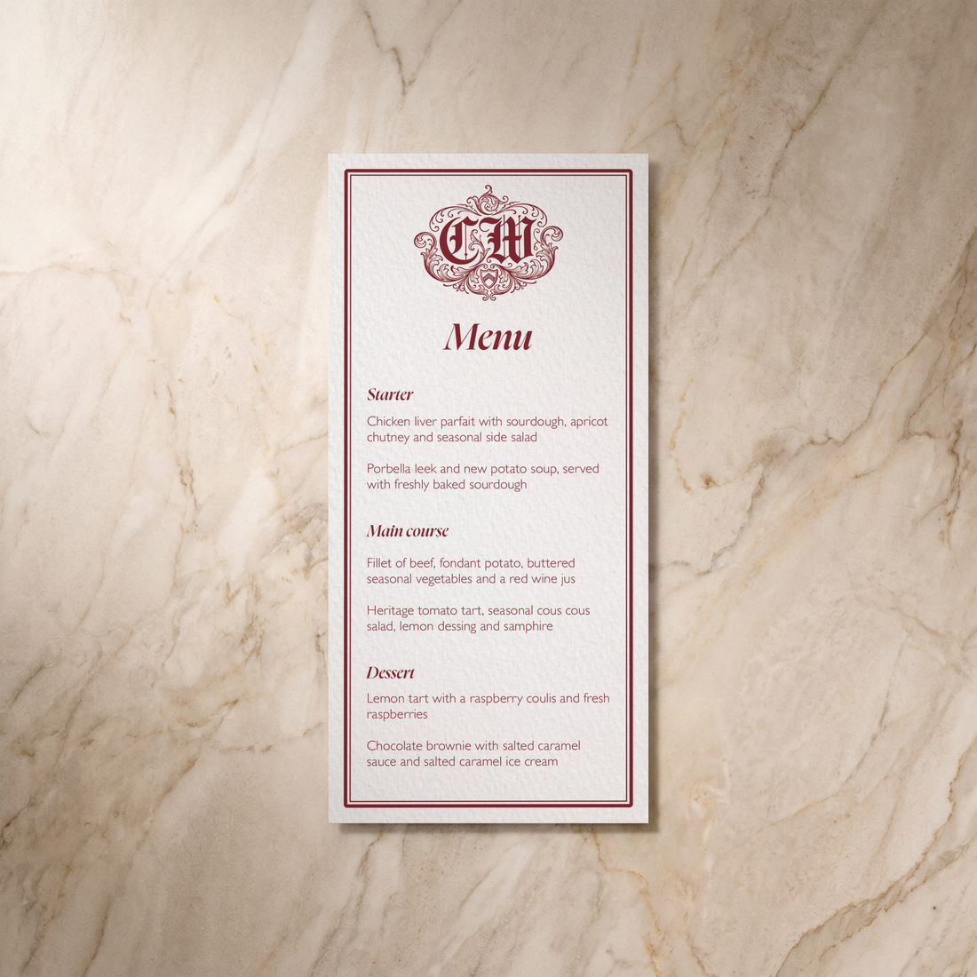 Regency wedding menu, front