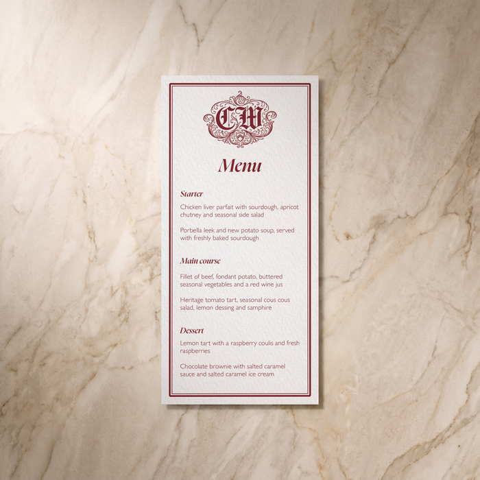 Regency wedding menu, front