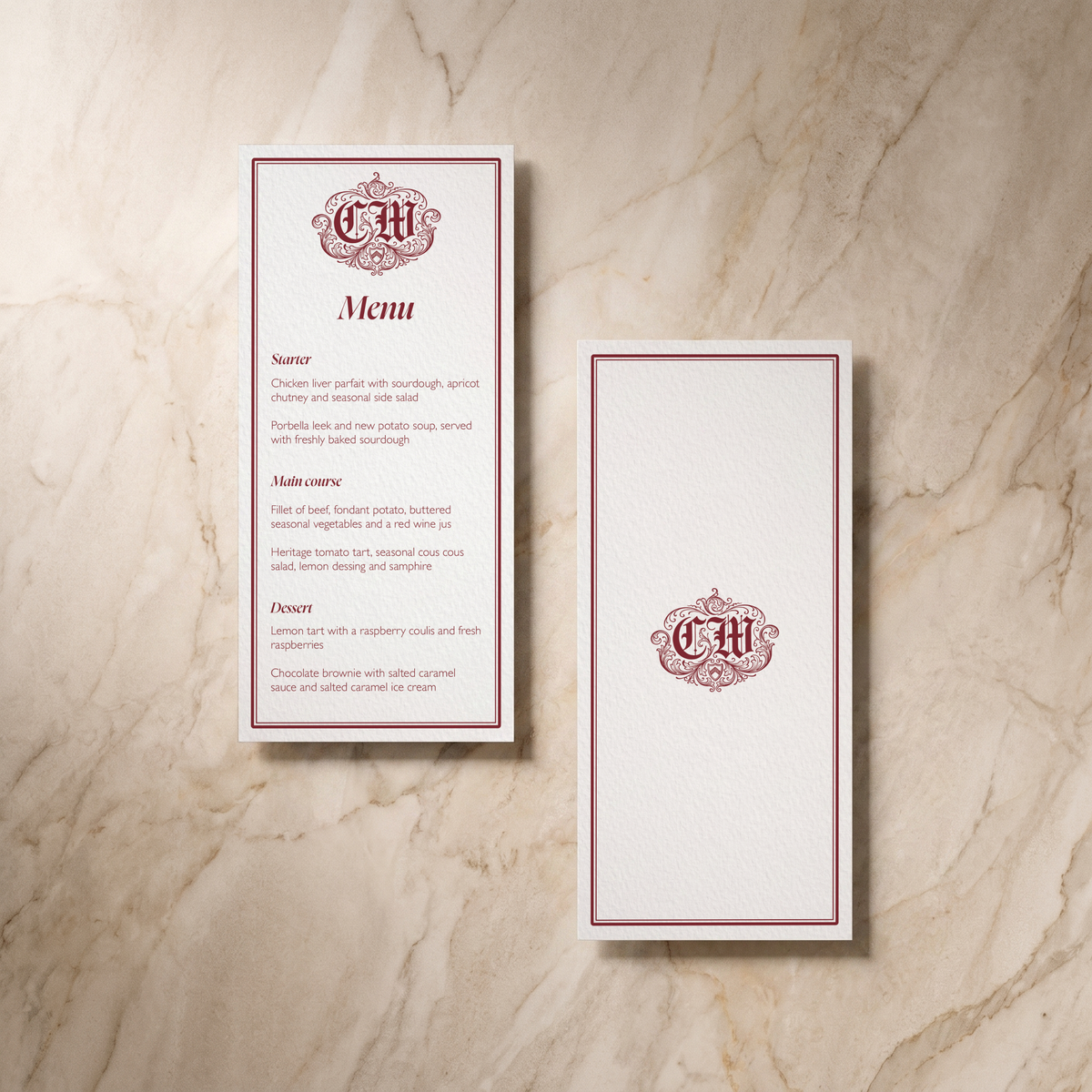 Regency wedding menu pair