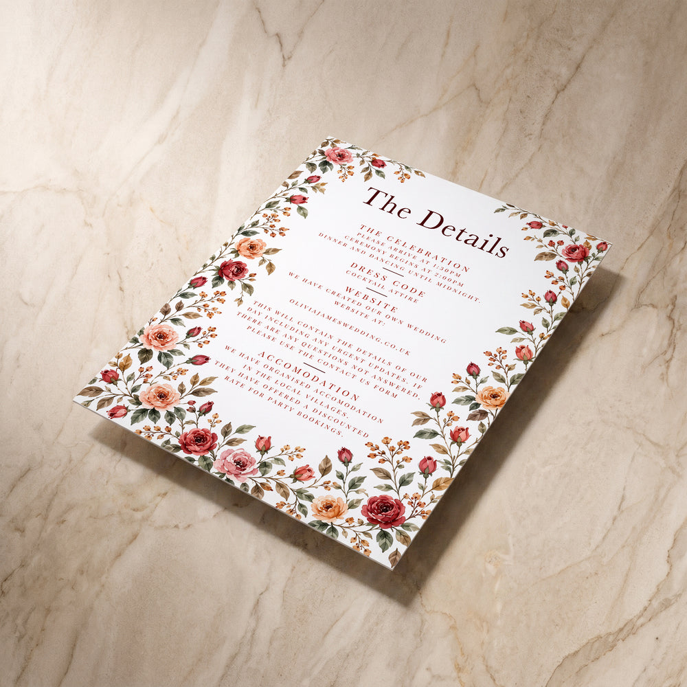 Rose Garden details card, angled front view
