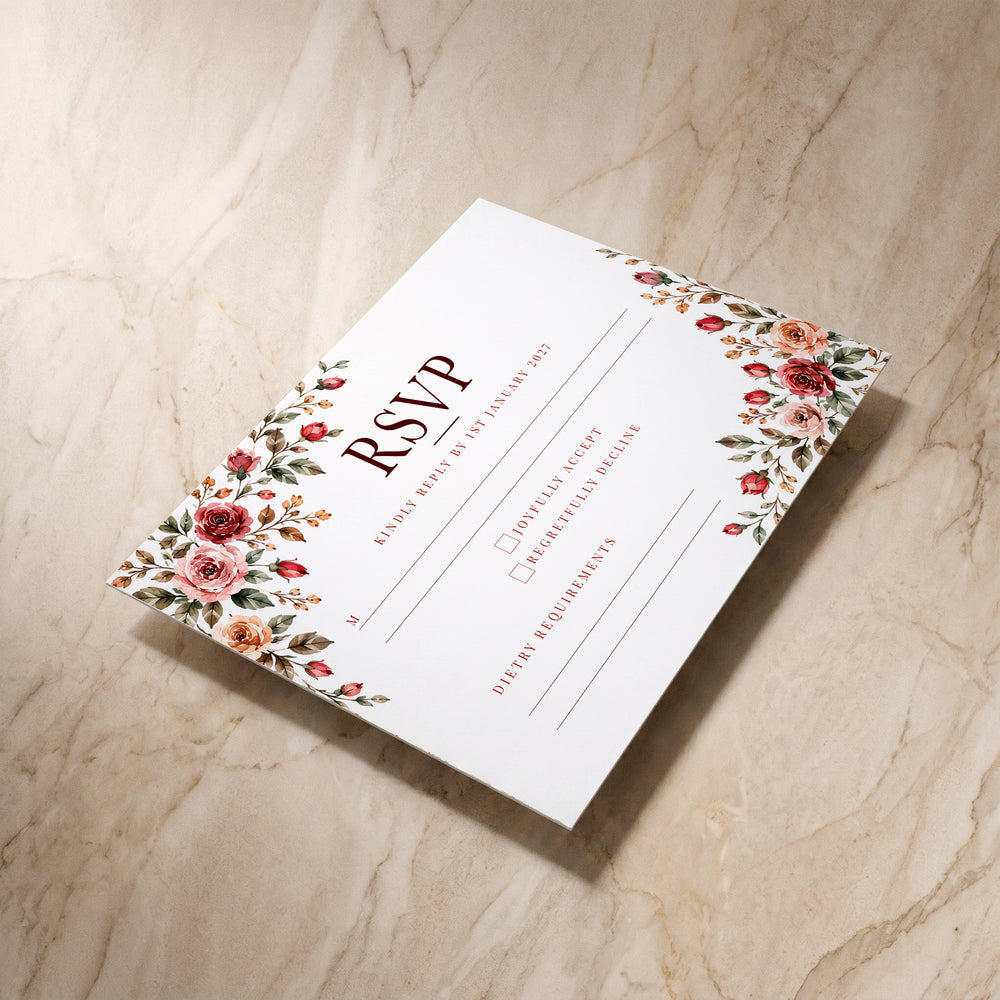 Rose Garden RSVP card, angled front view