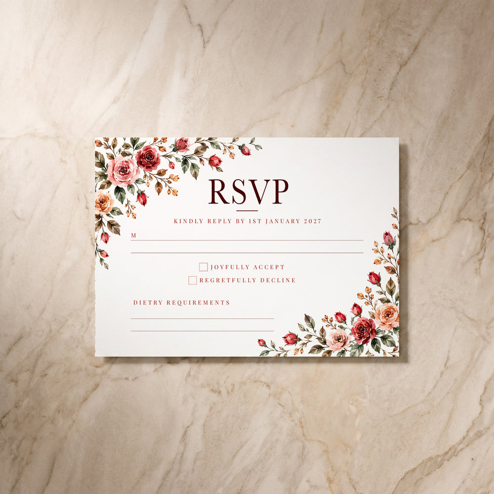 Rose Garden RSVP card, single front view
