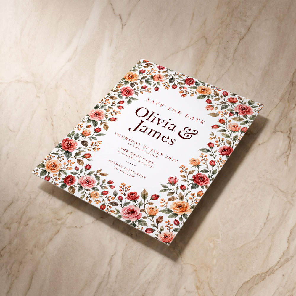 Rose Garden save the date, angled front view