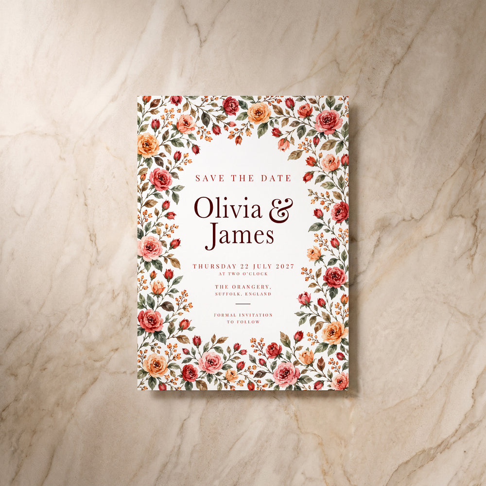Rose Garden save the date, single front view