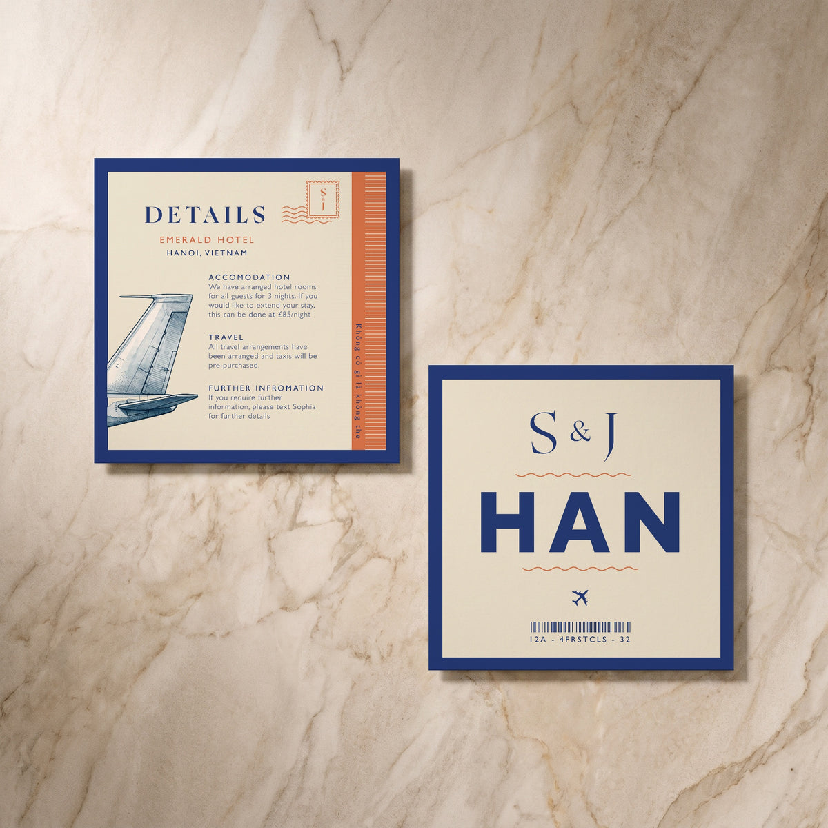 Travel wedding details card, front and reverse, designed and printed in Suffolk