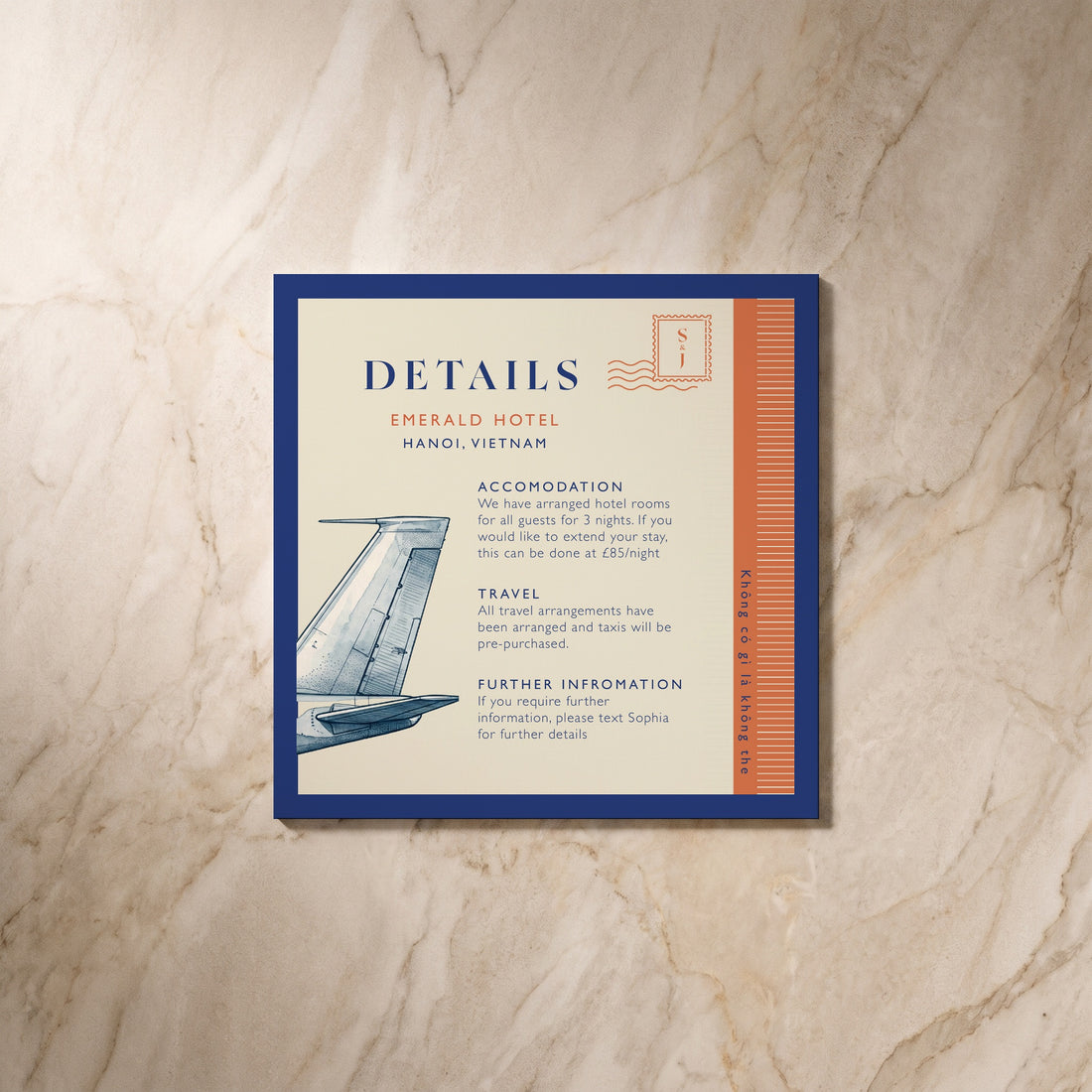 Travel wedding details card, front design, designed and printed in Suffolk