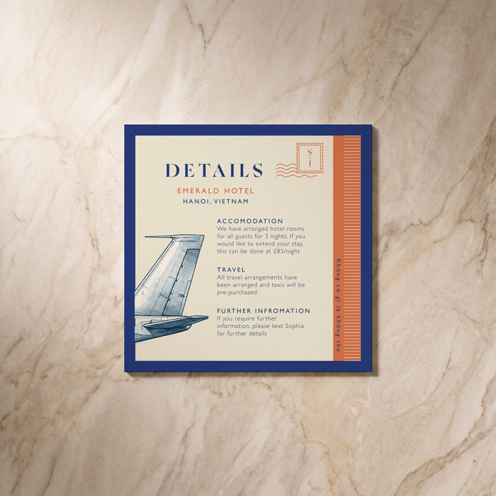 Travel wedding details card, front design, designed and printed in Suffolk
