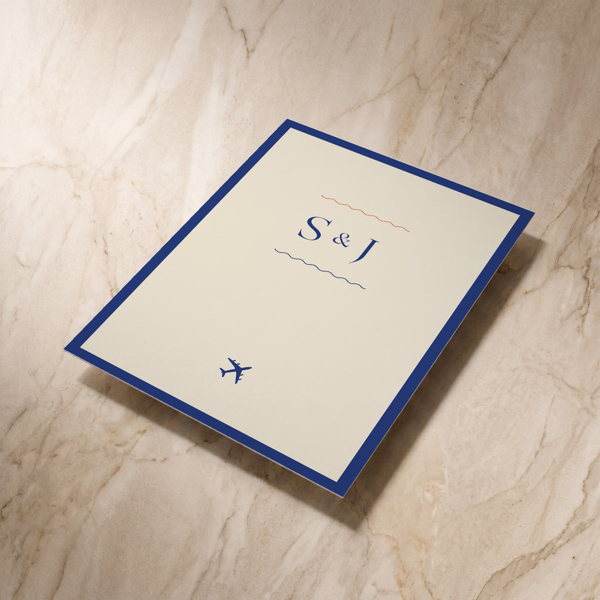 Travel wedding invitation, reverse shown at an angle, designed and printed in Suffolk