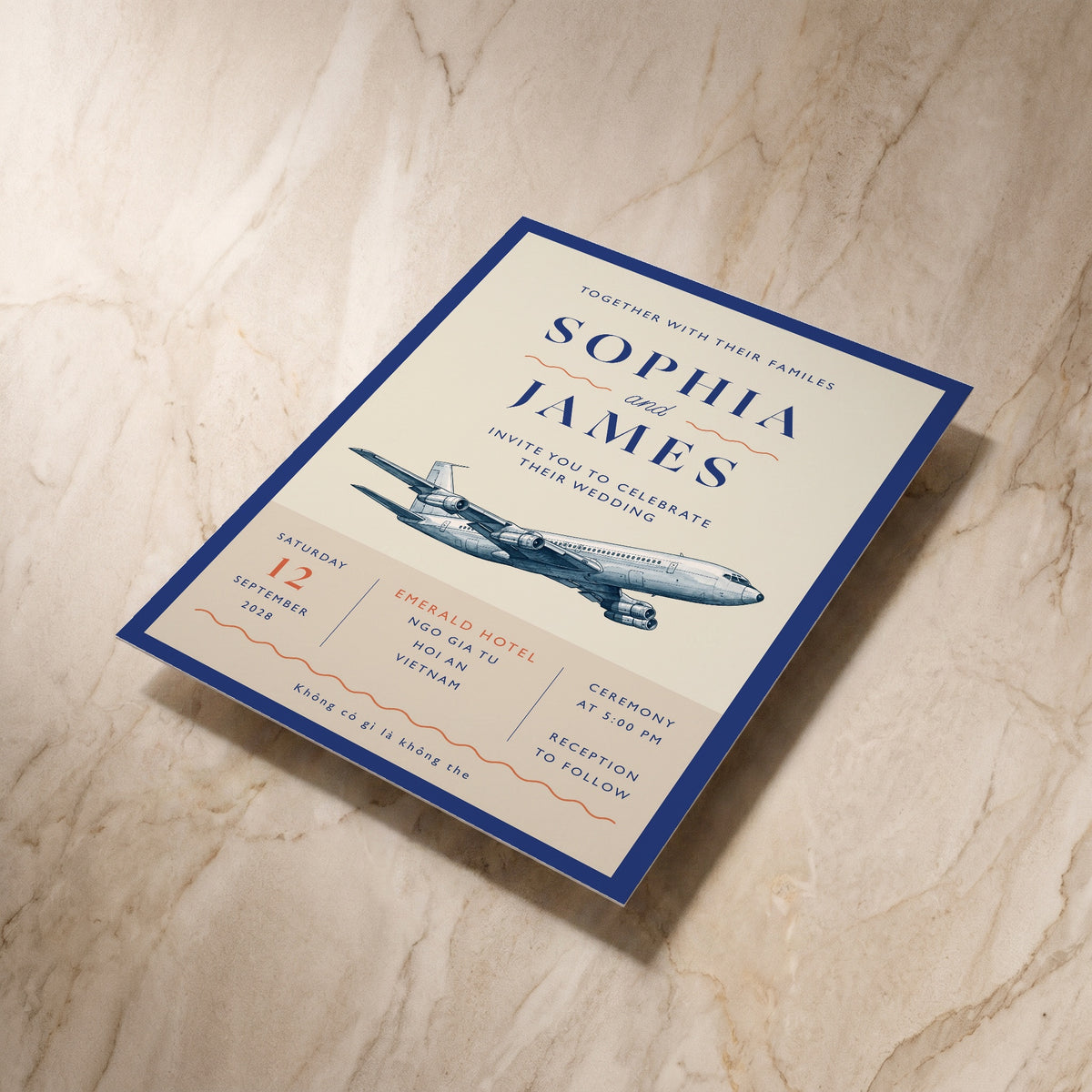 Travel wedding invitation, shown at an angle, designed and printed in Suffolk