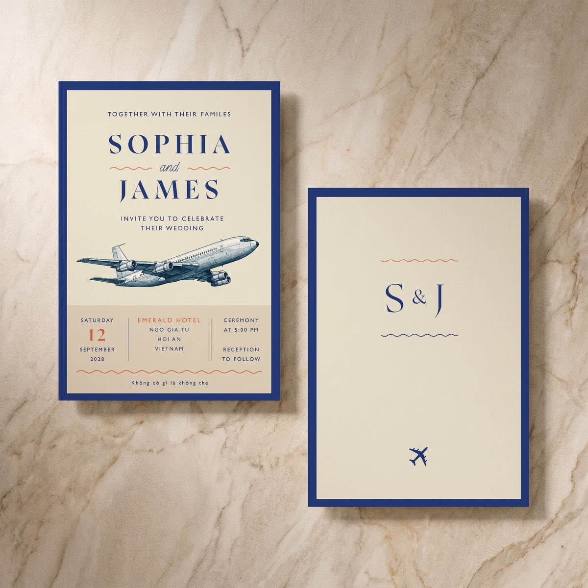 Travel wedding invitation, front and reverse, designed and printed in Suffolk