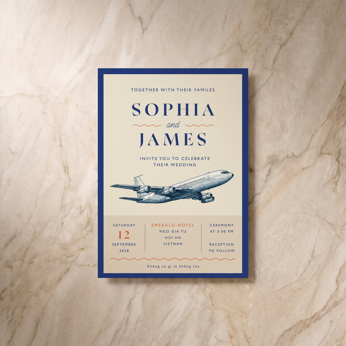 Travel wedding invitation, front design, designed and printed in Suffolk