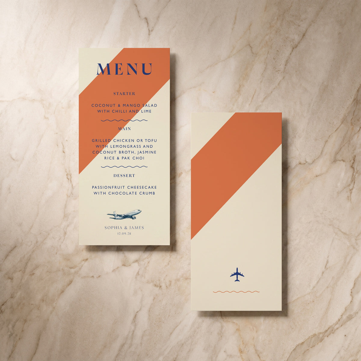 Travel wedding menu card, front and reverse, designed and printed in Suffolk