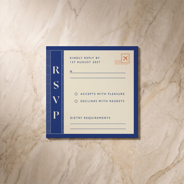 Travel RSVP card, front design, designed and printed in Suffolk