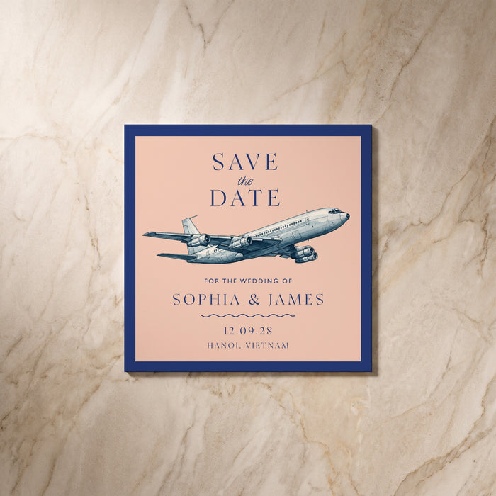 Travel wedding save the date card, front design, designed and printed in Suffolk