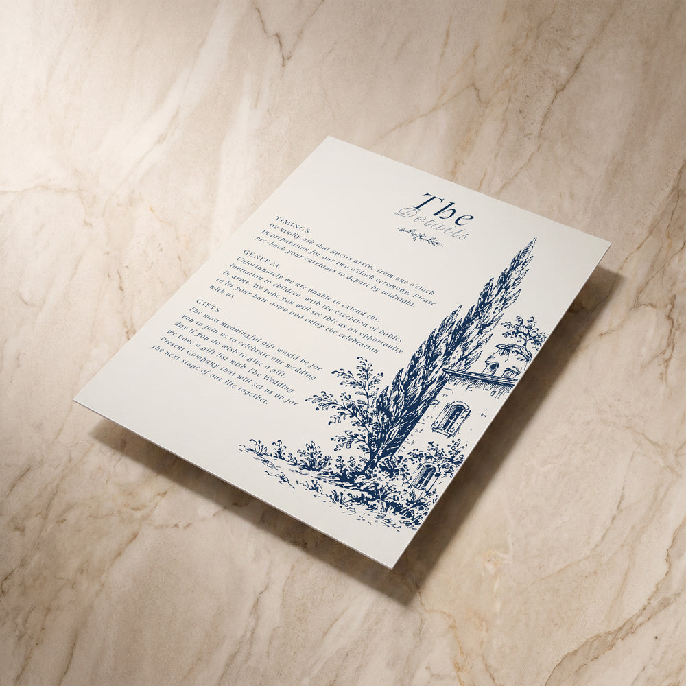 Uccello wedding details card, angled front view