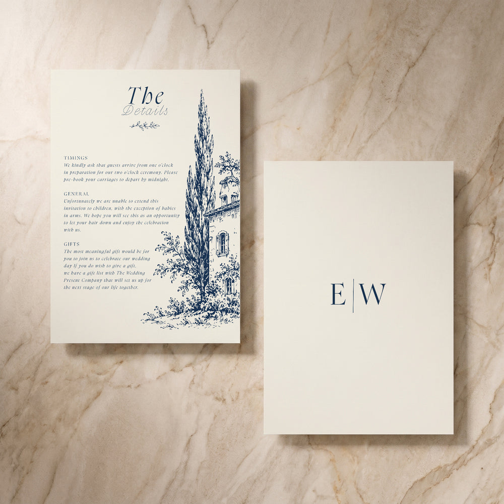 Uccello wedding details card, front and back pair