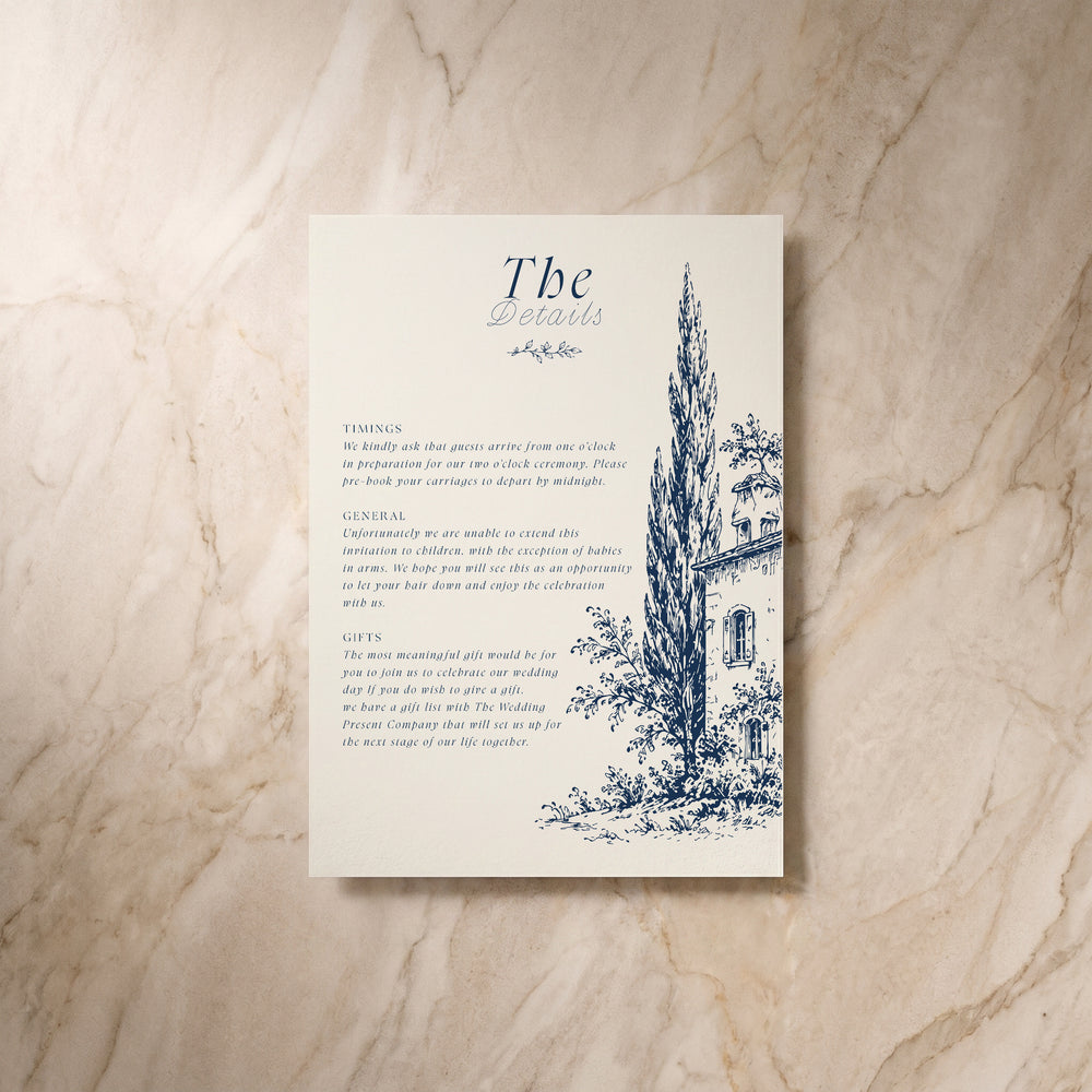 Uccello wedding details card, front view