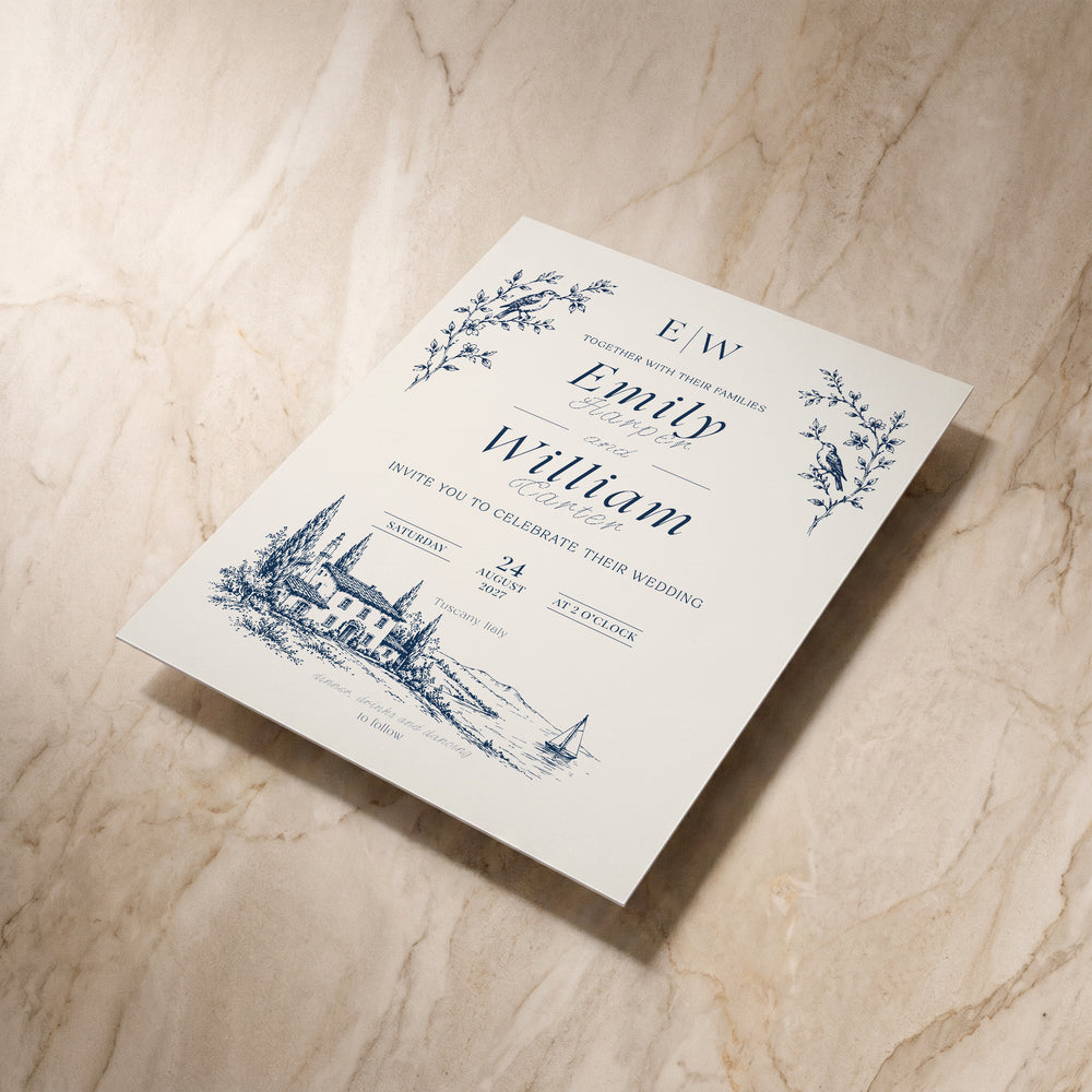 Uccello wedding invitation, angled front view