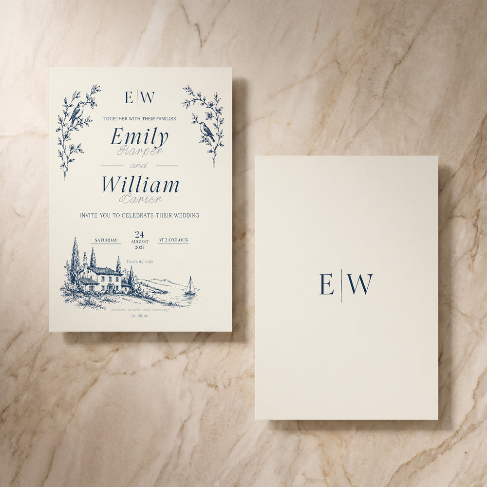 Uccello wedding invitation, front and back pair