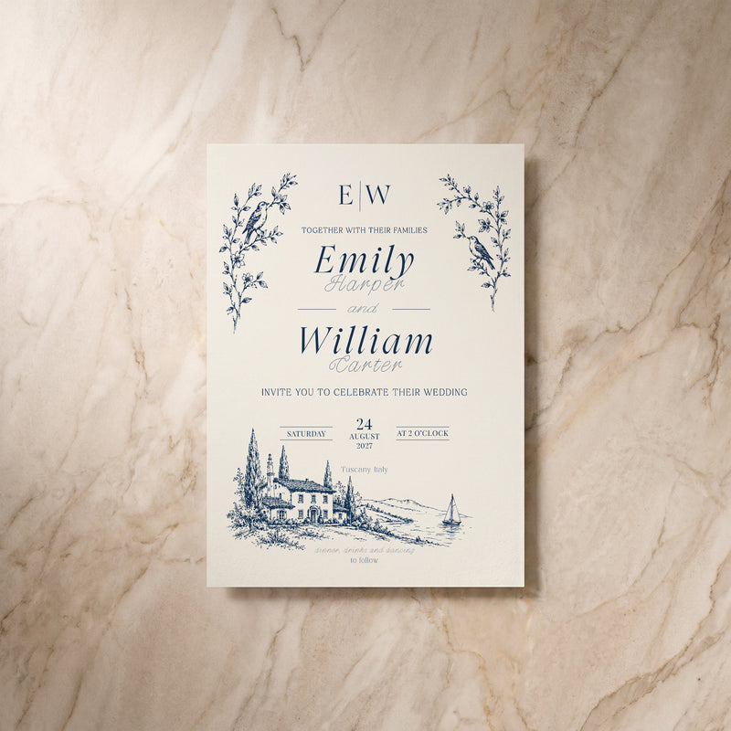 Uccello wedding invitation, front view