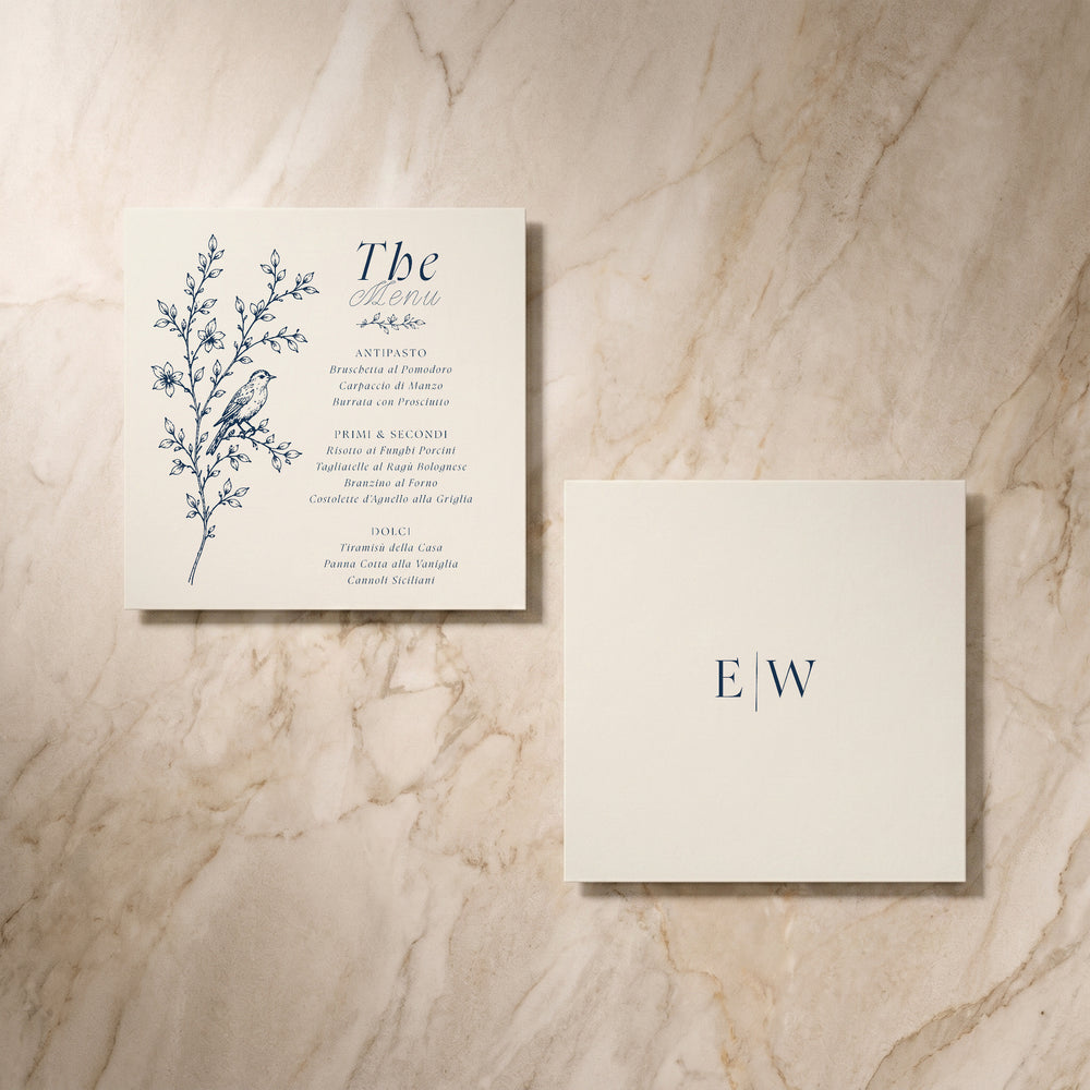 Uccello wedding menus, front and back pair