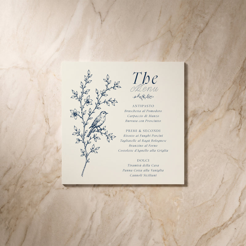 Uccello wedding menu, front view