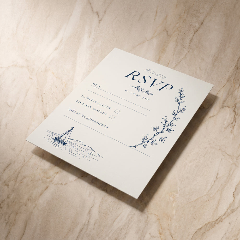 Uccello wedding RSVP card, angled front view