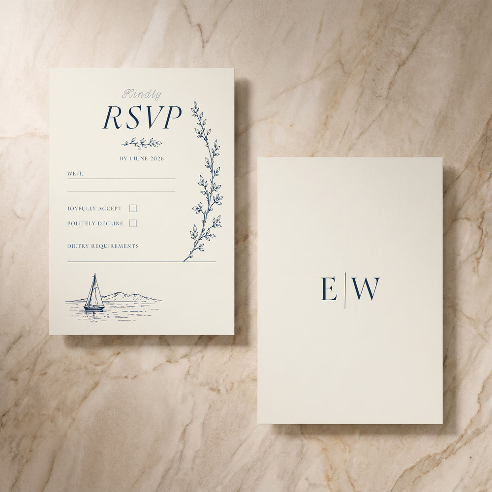Uccello wedding RSVP card, front and back pair