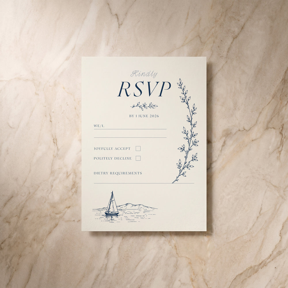 Uccello wedding RSVP card, front view