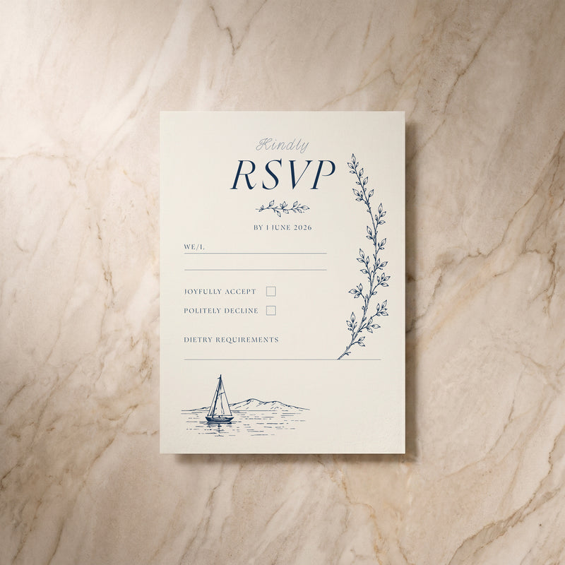 Uccello wedding RSVP card, front view