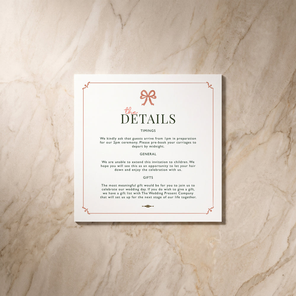 Wild Meadow wedding details card, front view