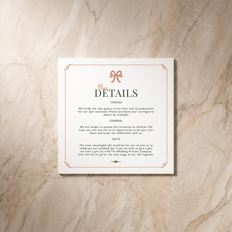 Wild Meadow wedding details card, front view