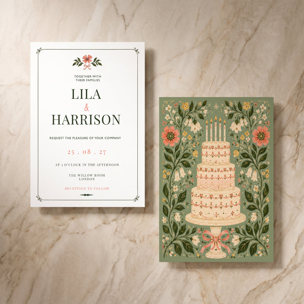 Wild Meadow wedding invitation, front and back pair