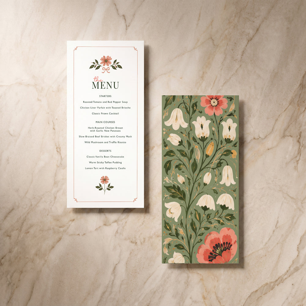Wild Meadow wedding menu, front and back pair