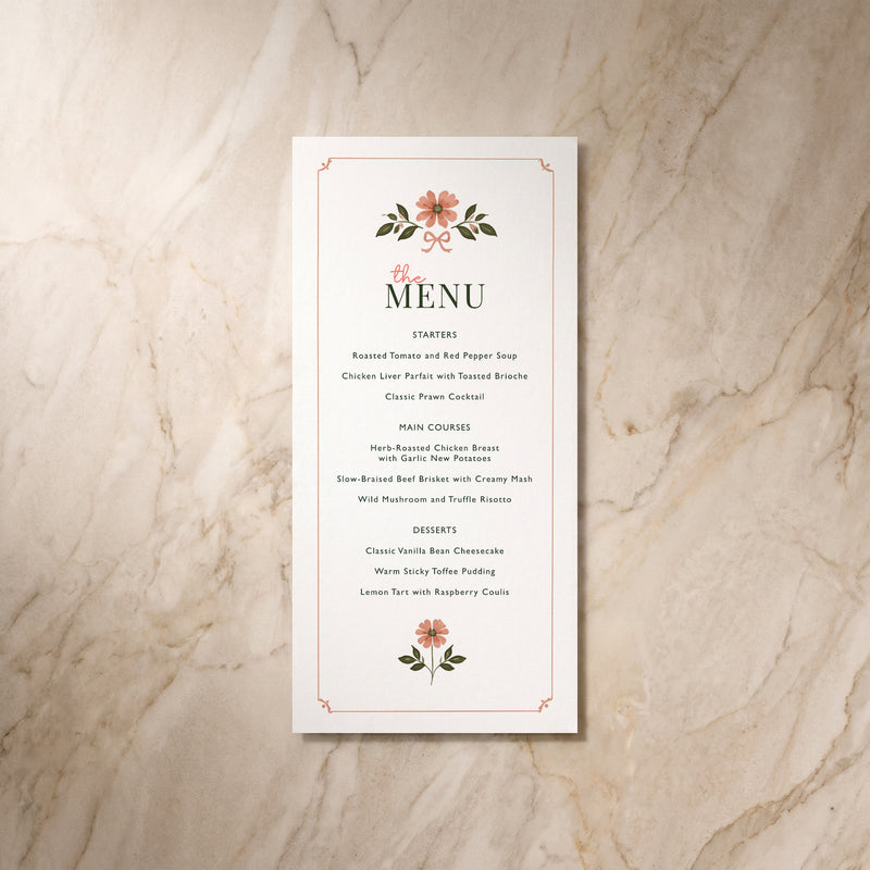 Wild Meadow wedding menu, front view