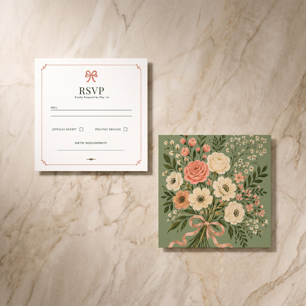 Wild Meadow wedding RSVP card, front and back pair