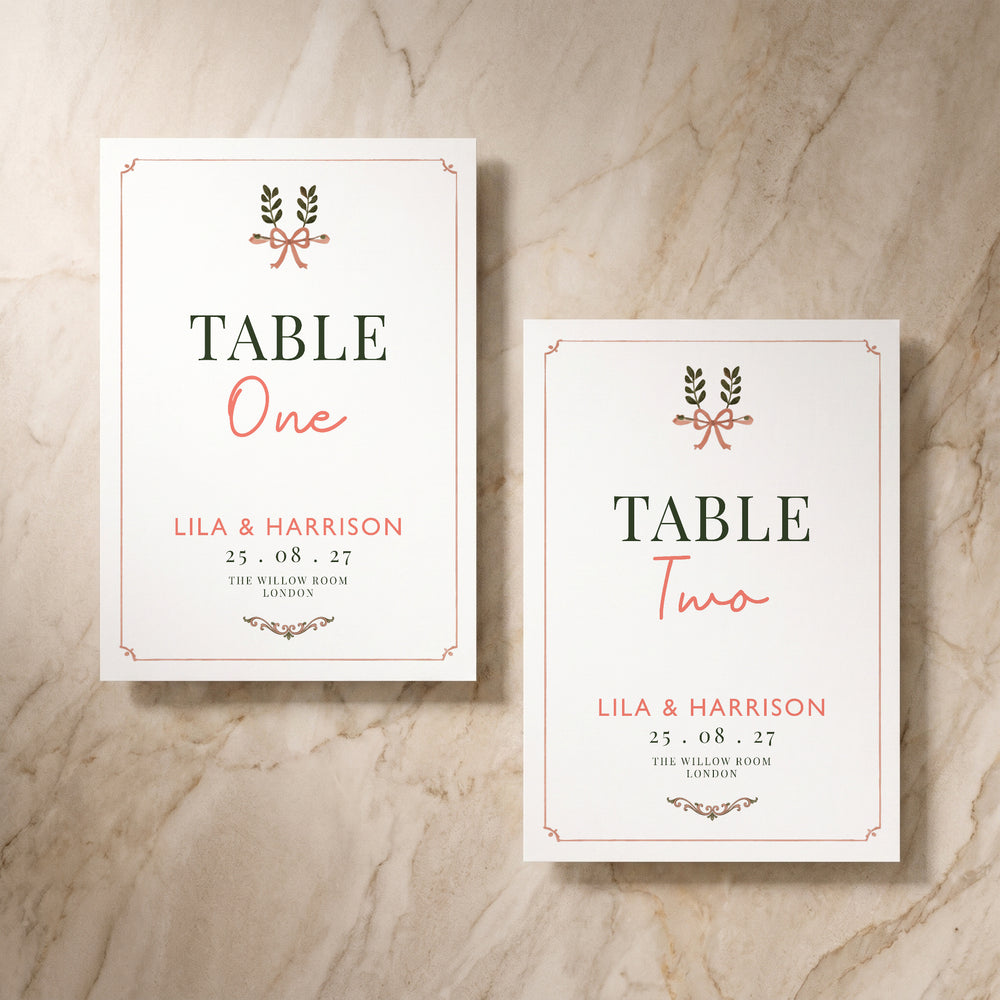 Wild Meadow wedding table numbers, front and back pair