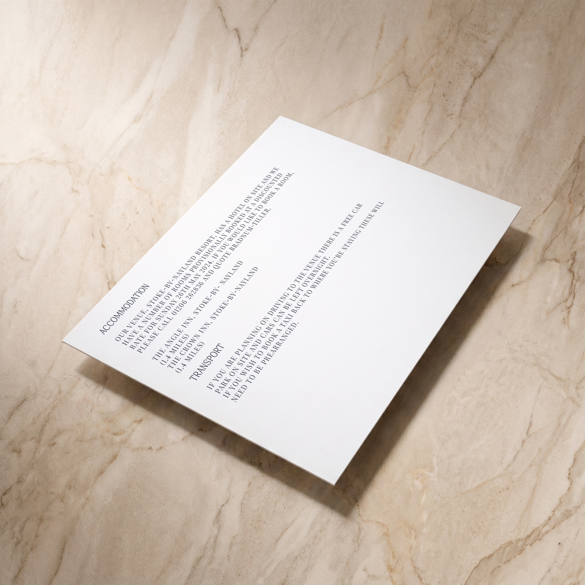 Typeface wedding details card in navy, front and reverse, designed and printed in Suffolk