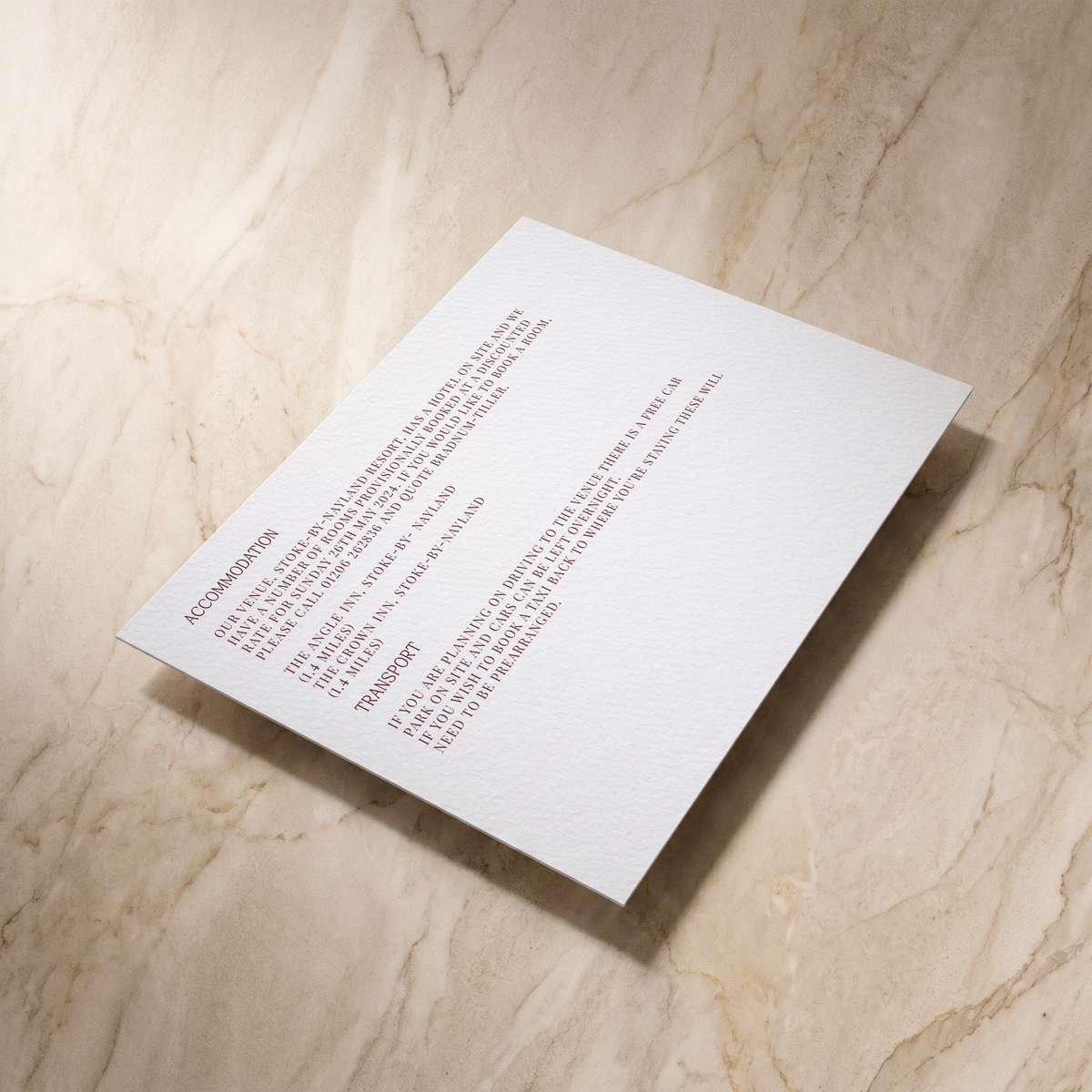 Typeface wedding details card in maroon, front and reverse, designed and printed in Suffolk