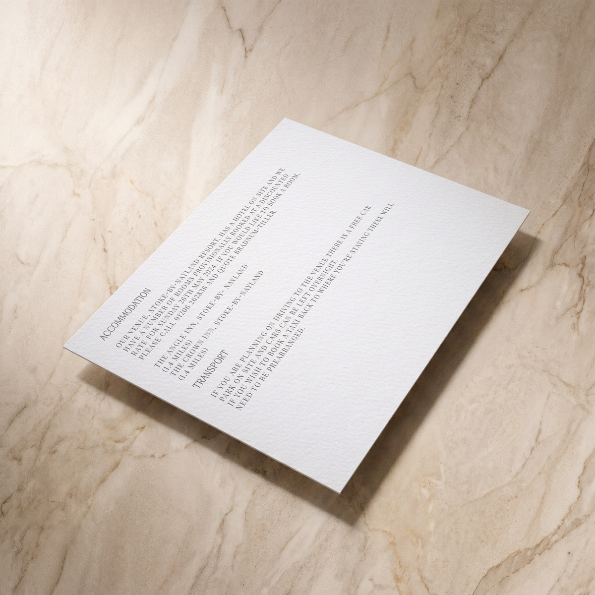 Typeface wedding details card in forest green, front and reverse, designed and printed in Suffolk