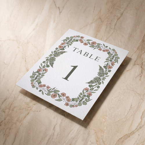 Country Garden table number card, reverse shown at an angle, designed and printed in Suffolk